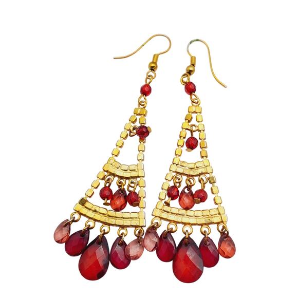 Red Chandelier Earrings Gold Tone Dangle Boho Festival Pink Teardrop Drops 3"L - Picture 6 of 8